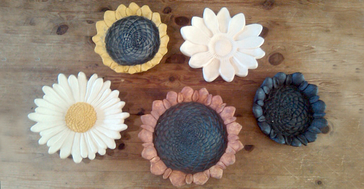 Ceramic Sculpture Bird Bath Flowers